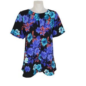 Jessica London Women Tunic Top Size 14W Short Sleeve Black Floral Ties Colorful